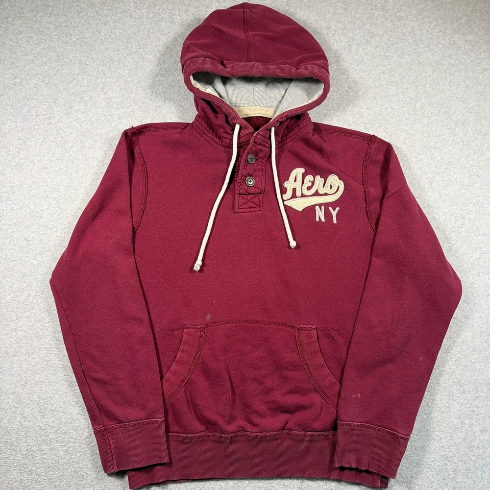 Aeropostale Henley Hoodie Men's Large Burgundy Pullover Waffle Hood Y2K 2000s